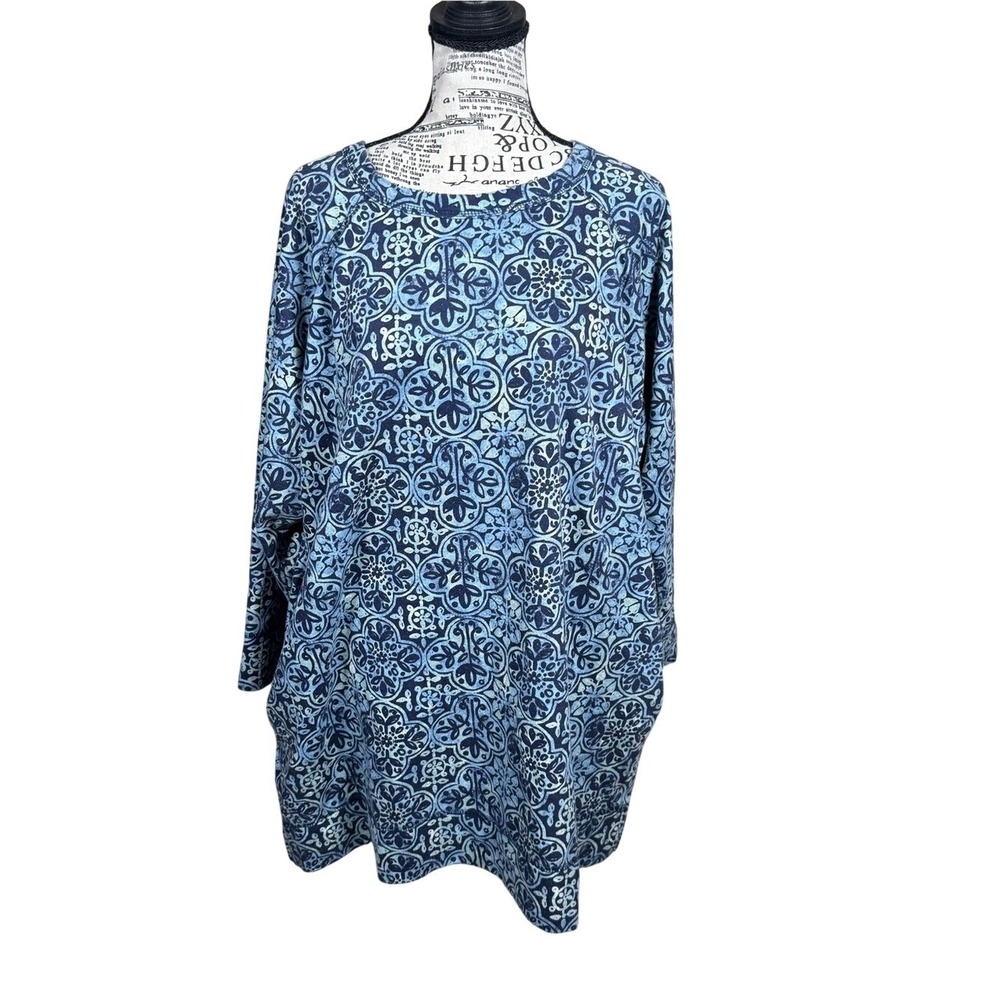 Blue Patterned Long-Sleeve Women's Tunic Top